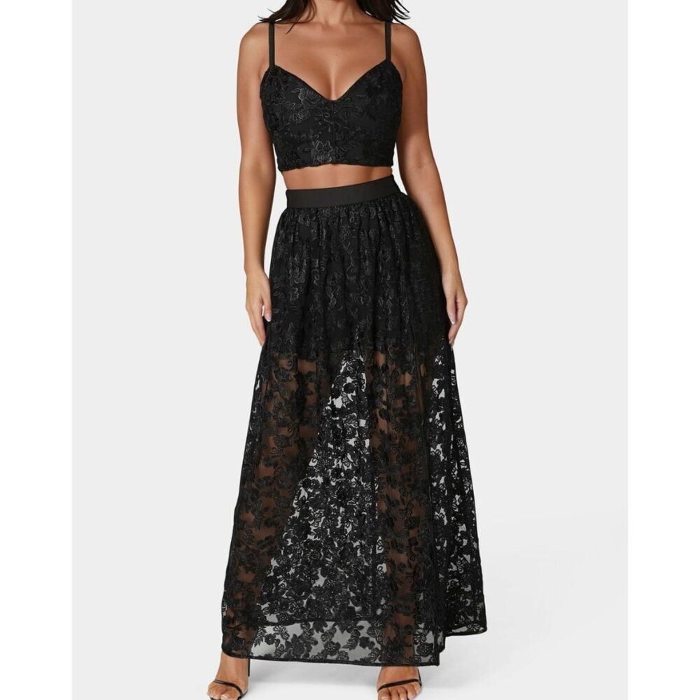 Bebe Black Lace Two Piece Gown XL Formal Elegant Statement NWT
